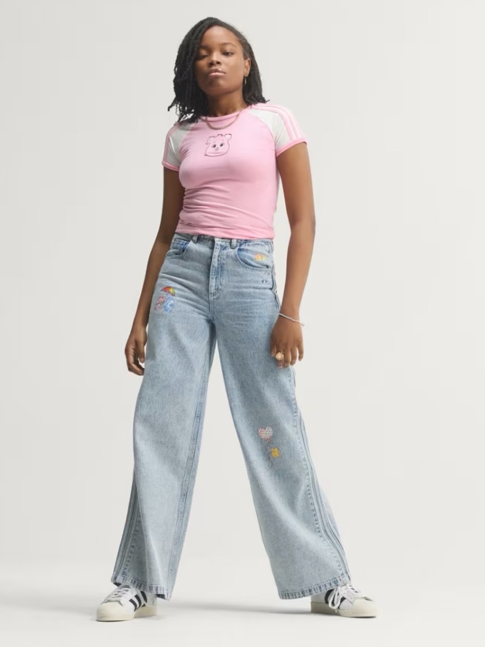 Adidas Care Bear Wide Leg Embroidered Light Blue Jeans